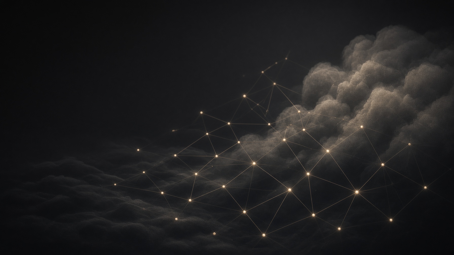 Abstract champagne-gold network of nodes on charcoal, suggesting a distributed 5G cloud.